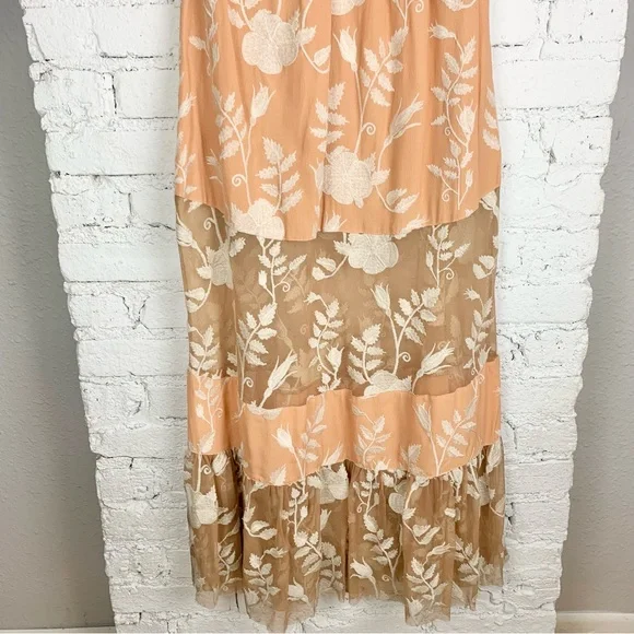 For Love & Lemons Mia Maxi Peach Lace Dress Floral Embroidered Sheer Panel XS - Picture 13 of 15